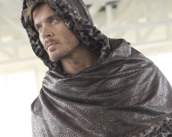 Mens Faux Fur Poncho Wrap: Reptile Print Sequin Lining, Festival Steampunk Style