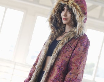 Rose Dune Festival Fur Playa Jacket Sultan Coat Boho Style Tribal Clothing  Fashion for Girlfriend Winter Burning Man Shuba Designs
