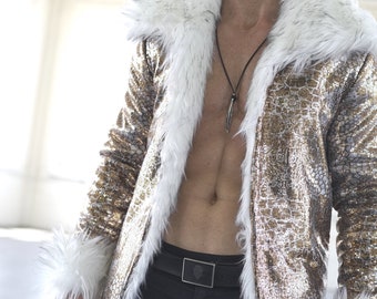 Gold Disco Sequin Faux Fur Coat: Burning Man Rave Jacket