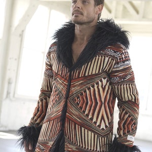 Trippy Geo Festival Faux Fur Black Bohemian Funky Disco Burning Clothing Coat Jacket Party Wear Men&#39;s Men Fur Playa Coat