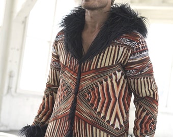 Geo Pulse Faux Fur Coat: Trippy Geometric Print, Festival Fashion