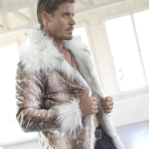 Snake Iridescent White Festival Faux Fur Coat Attire Led Tribal Fashion Clothing Playa Coat Jacket  Mens Fox Burning Man Costumes Duster