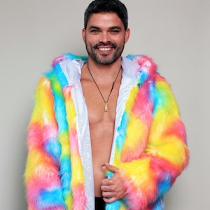 Birthday Gift for Him Rainbow Unicorn Holographic Costume Faux Fur Festival Mens Coat Gay Pride Outfits Clothing Jacket Christmas Gift