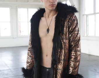 Reversible Black Faux Fur Coat: Golden Hour Rave Jacket