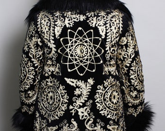 Uzbek Embroidery Faux Fur Coat: Reversible Boho Festival Jacket