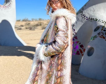 Reversible Faux Fur Coat: Snake Print, Holographic Lining, Festival Fashion