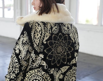 Handmade Embroidered Faux Fur Coat: Reversible Beaded Bohemian Jacket