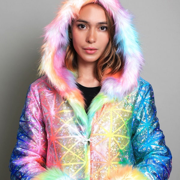 Birthday Gift For Her Glossy Rainbow Ski Festival Fur Coat Faux Boho Reversible  Playa Unicorn  Man Clothing Women Holographic Jacket Mens