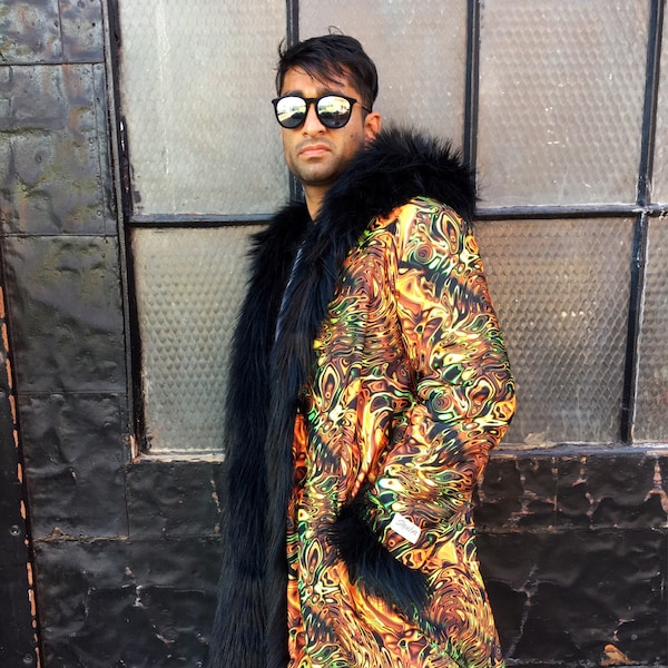 Chaqueta para fiestas psicodélicas de Burning Man - Abrigo reversible de piel sintética negra