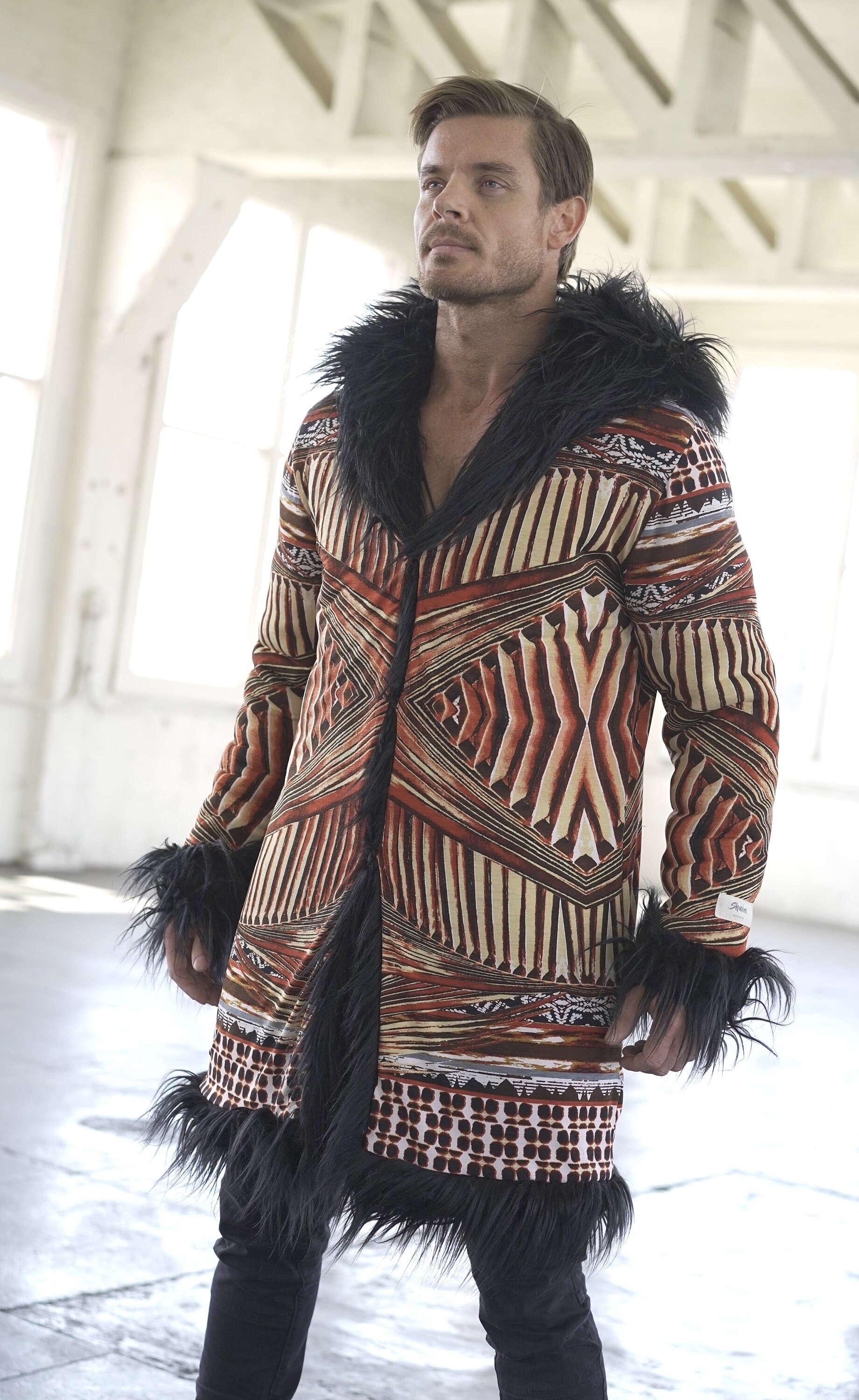 Reversible Faux Fur Coat: Trippy Geometric Print, Festival Fashion