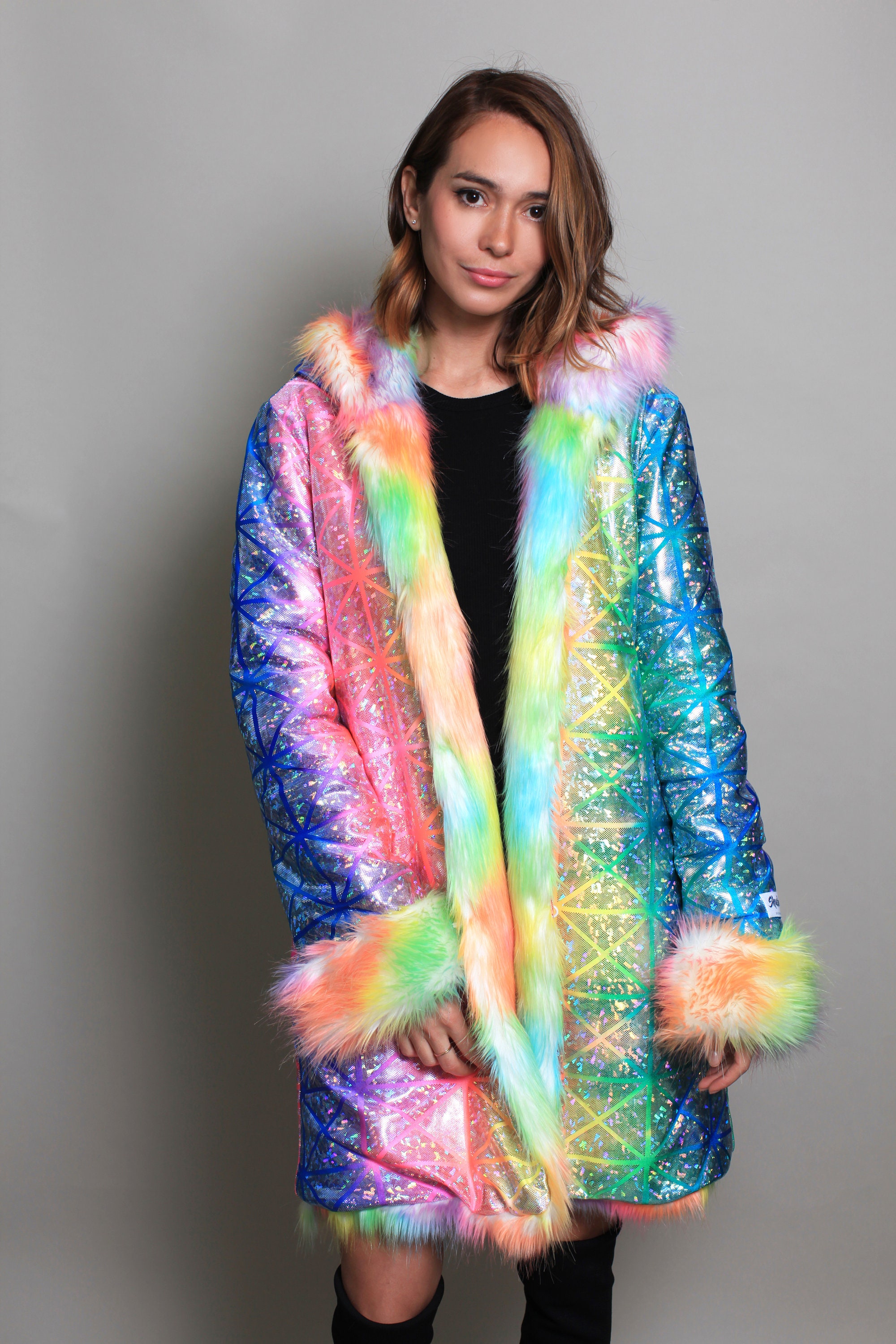 Glossy Rainbow Festival Fur Coat Faux Boho Reversible Cape | Etsy