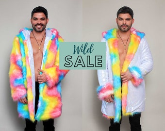 Rainbow Unicorn Halloween Costume Shiny Faux Fur Festival Mens Coat Gay Pride Outfits Disco Clothing Jacket Birthday Gift