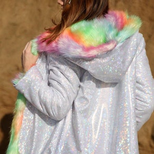 Rainbow Pride Unicorn Festival Birthday Gift Costume Playa Coat Colorful Outfits Fake Fur Shiny Jacket Clothing Women Rave image 7