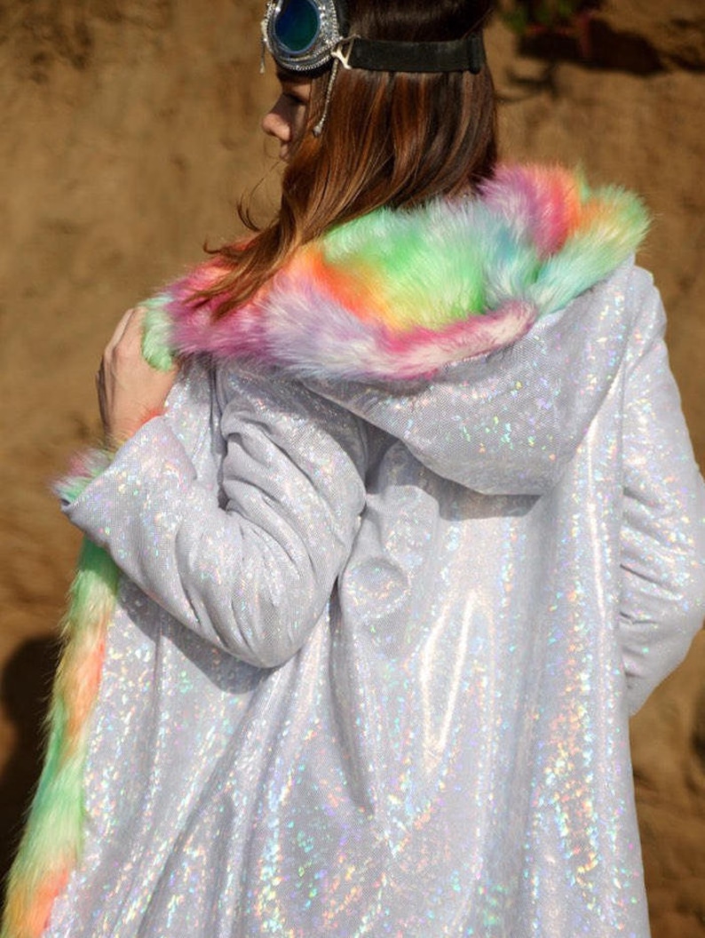 Rainbow Pride Unicorn Festival Birthday Gift Costume Playa Coat Colorful Outfits Fake Fur Shiny Jacket Clothing Women Rave image 7