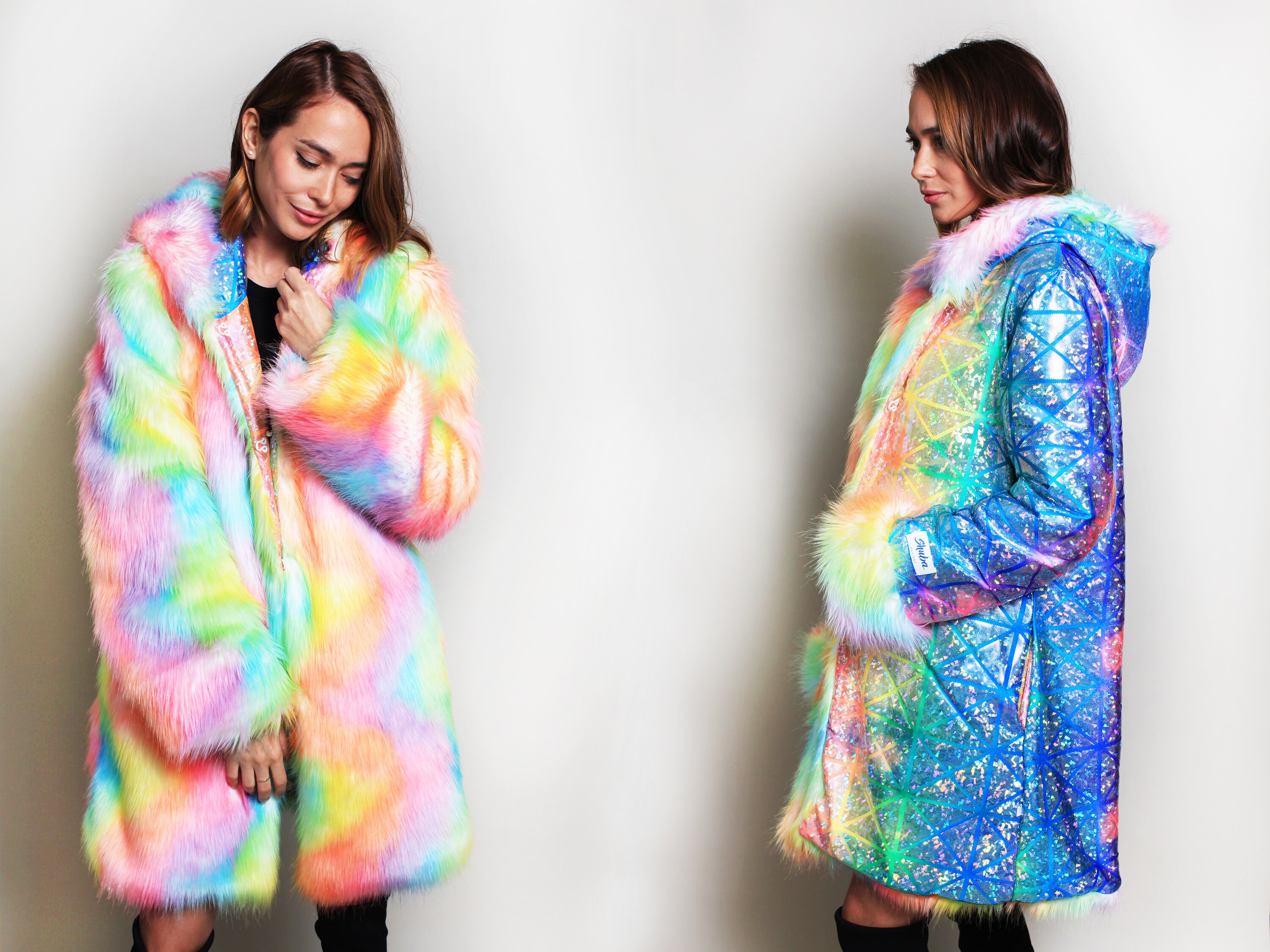 Glossy Rainbow Festival Fur Coat Faux Boho Reversible Cape | Etsy