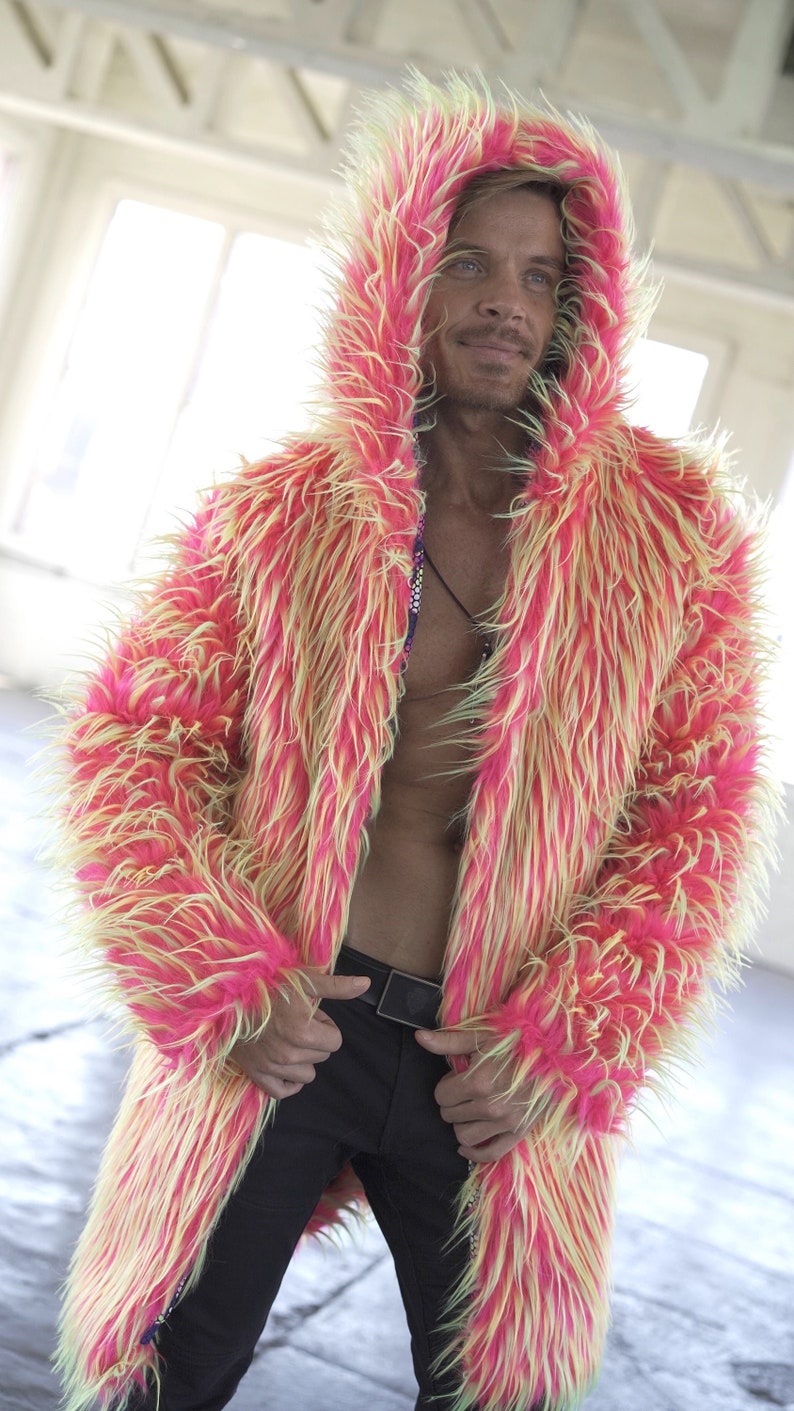 Pink Monster Neon Faux Fur Rave Outfit Coat: Reversible Hooded Festival ...