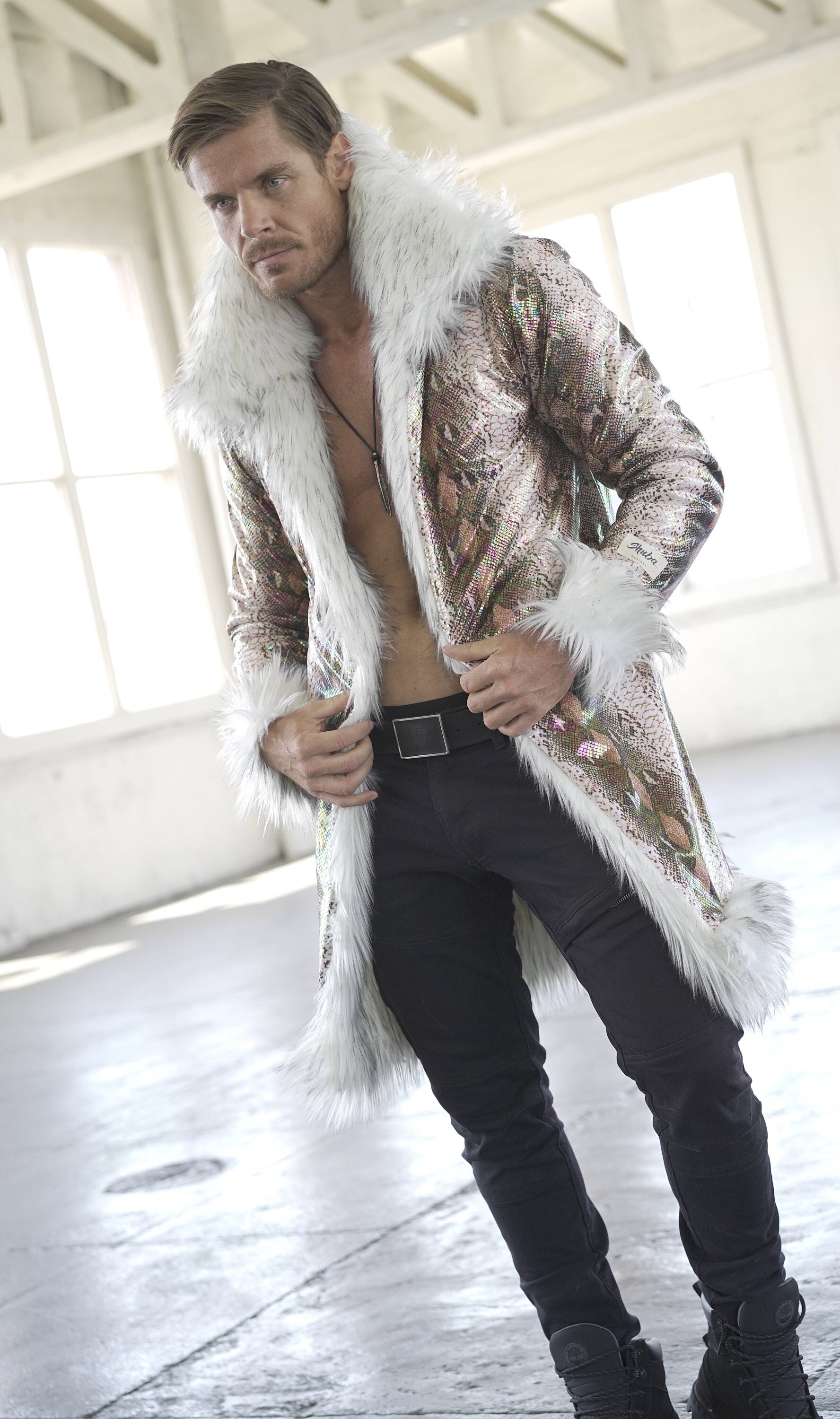 Faux Fur Streetwear Clothing, Mens White Faux Fur Jacket