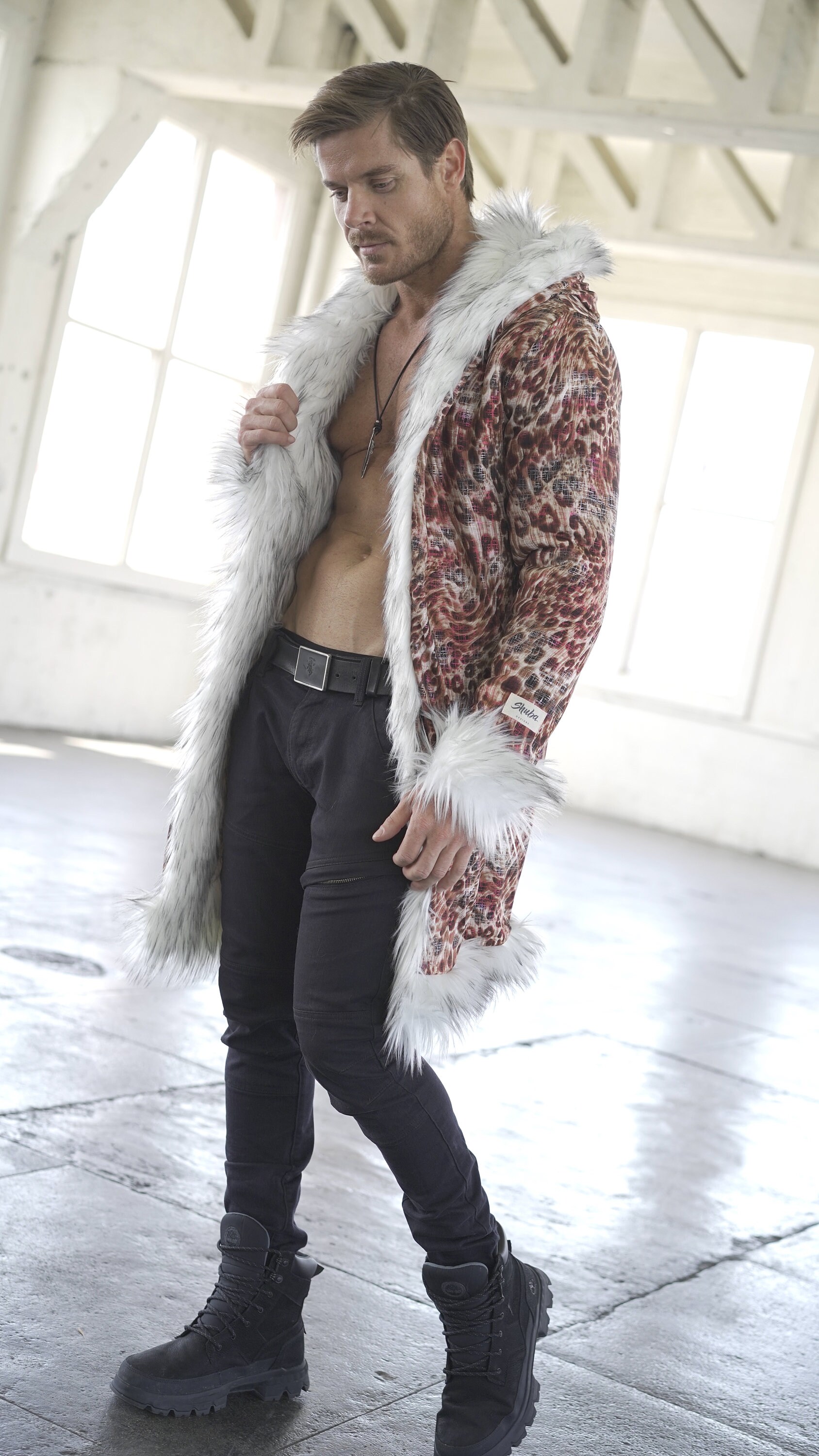 Leopard White Burning Man Mens Coat Faux Fur Festival Ethnic