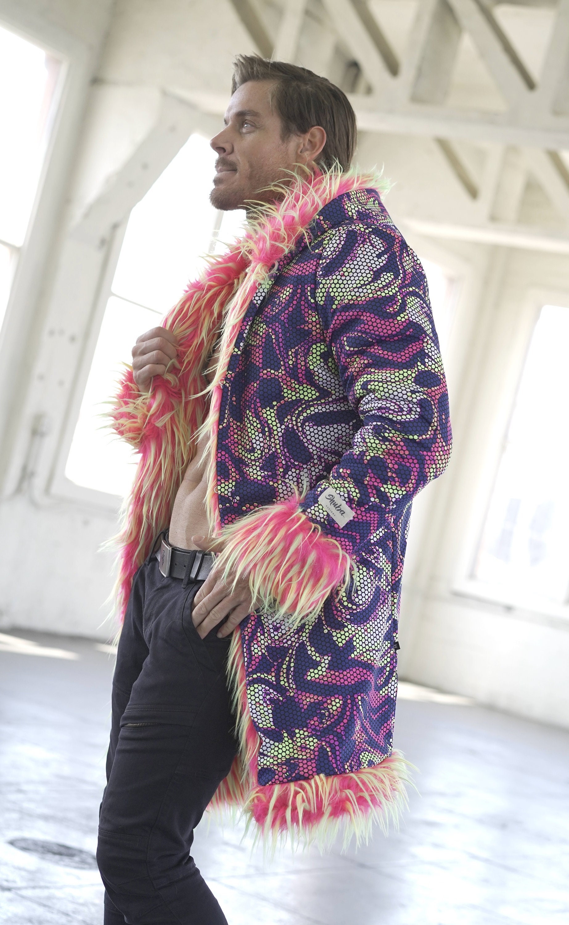 Neon Pink Monster Trippy Funky Fuzzy Rave Festival Fur Disco
