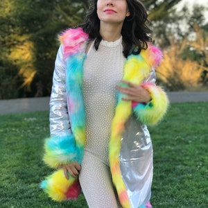 Rainbow Pride Unicorn Festival Birthday Gift Costume Playa Coat Colorful Outfits Fake Fur Shiny Jacket Clothing Women Rave image 6