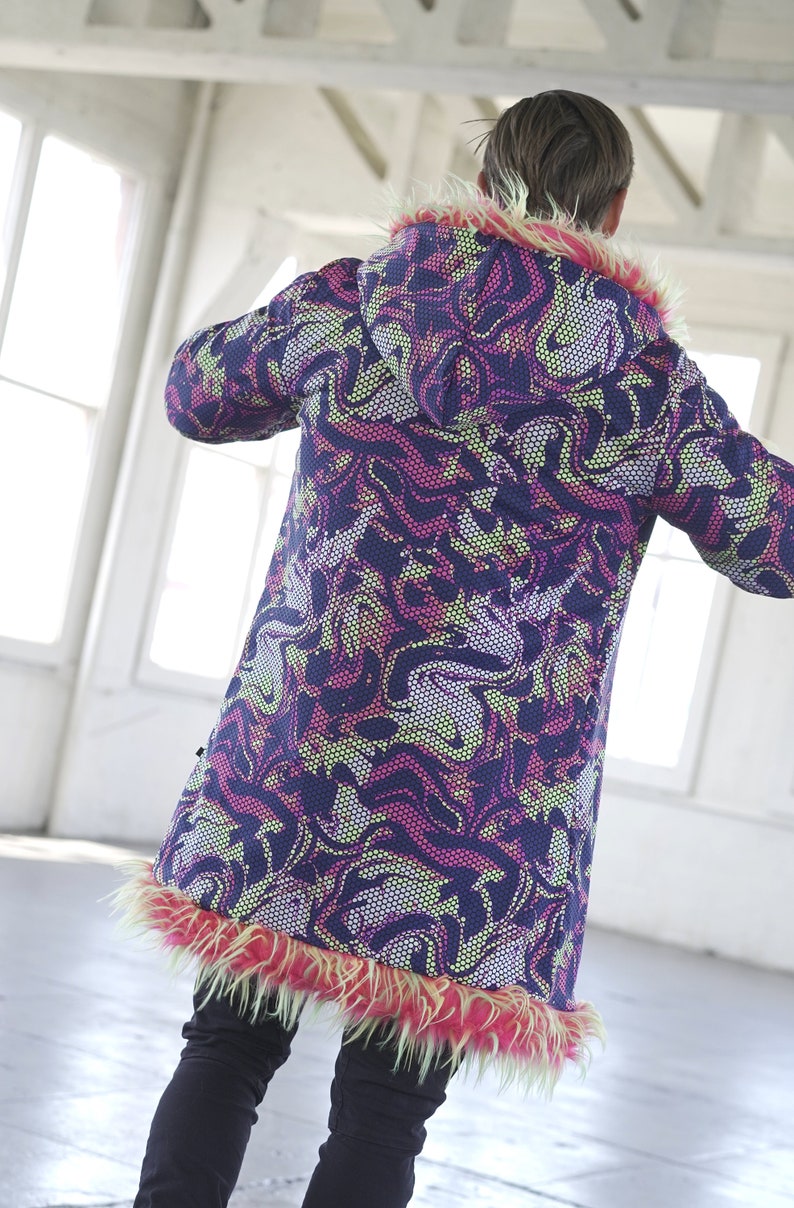 Pink Monster Neon Faux Fur Rave Outfit Coat: Reversible Hooded Festival ...
