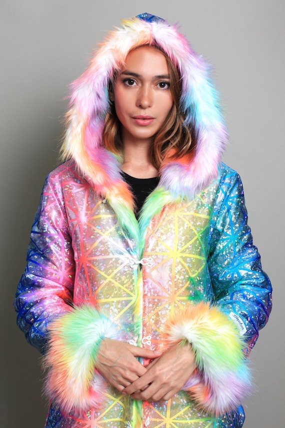 Holographic Glossy Parka Jacket Autumn Winter Warm Hooded Zip Up