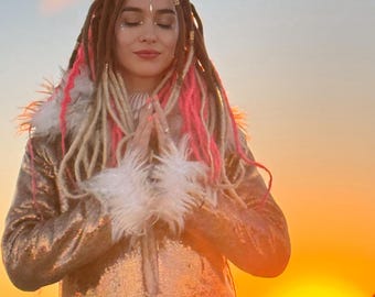 Golden Mirage Queen Faux Fur Playa Coat: Sequin Festival Jacket