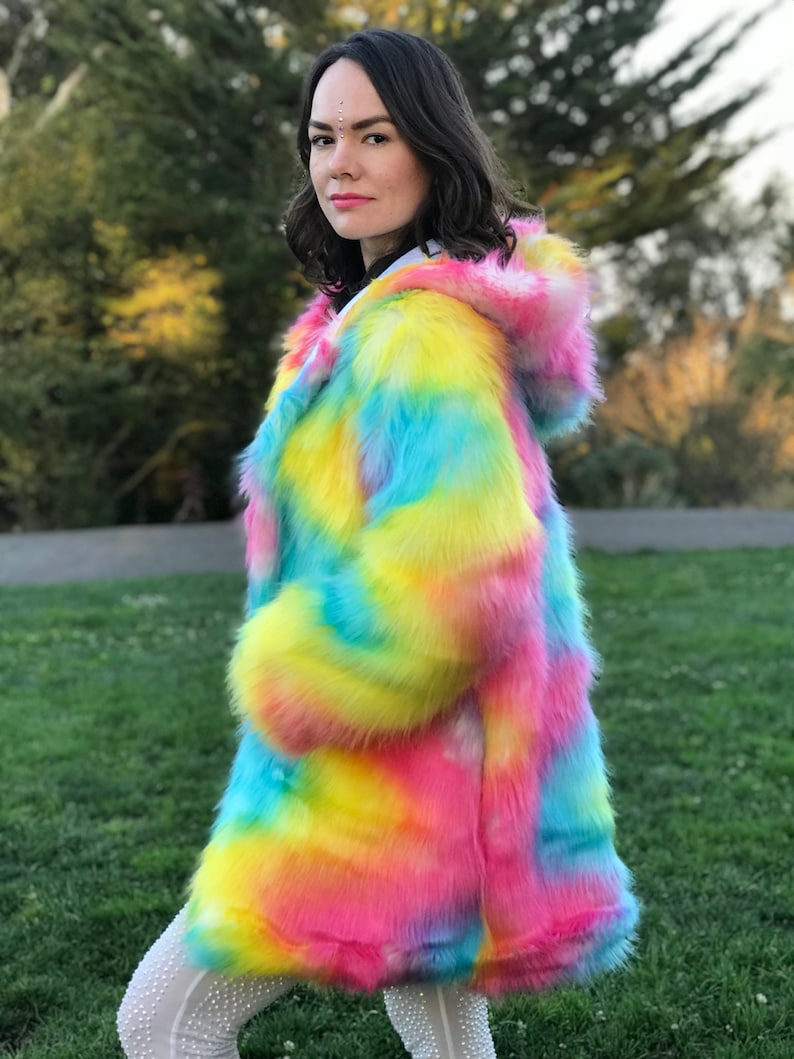 Rainbow Pride Unicorn Festival Birthday Gift Costume Playa Coat Colorful Outfits Fake Fur Shiny Jacket Clothing Women Rave image 5