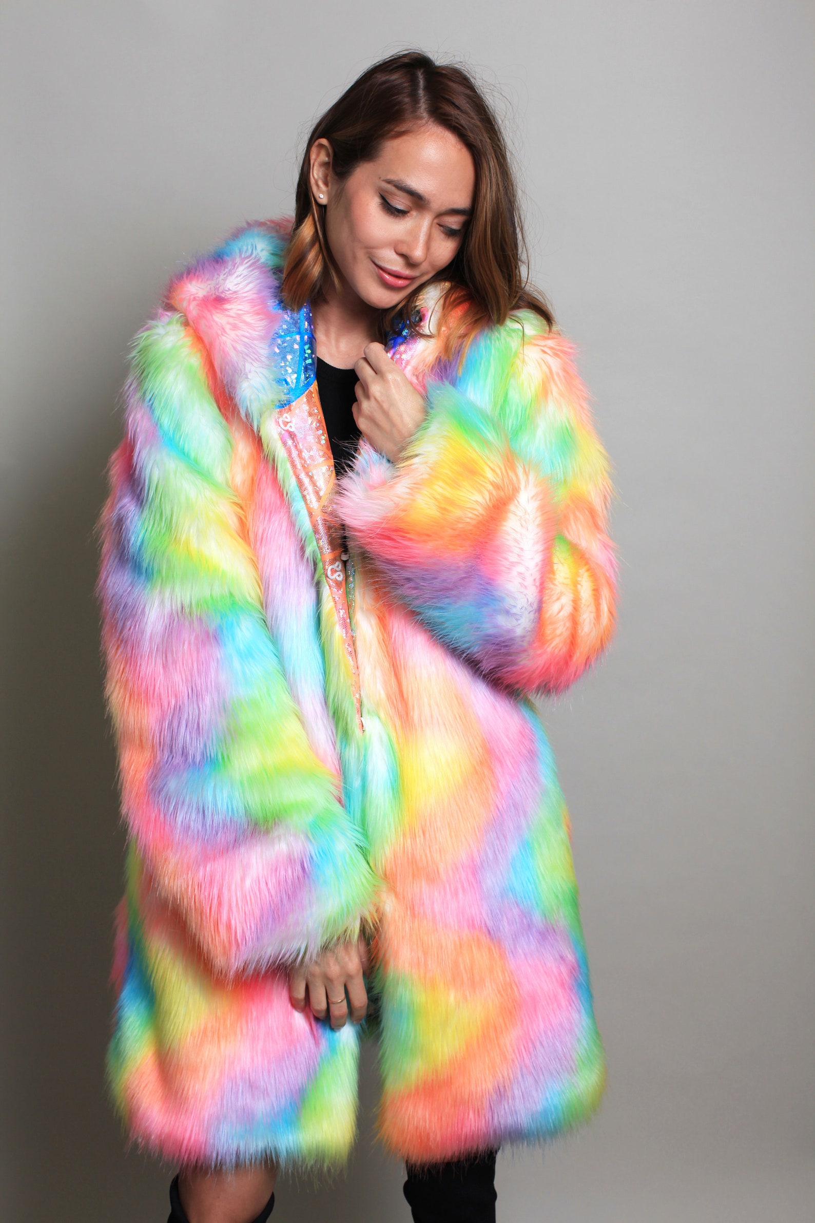 Glossy Rainbow Festival Fur Coat Faux Boho Reversible Cape | Etsy