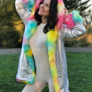 Rainbow Pride Unicorn Festival Birthday Gift Costume Playa Coat Colorful Outfits Fake Fur Shiny Jacket Clothing Women Rave image 4