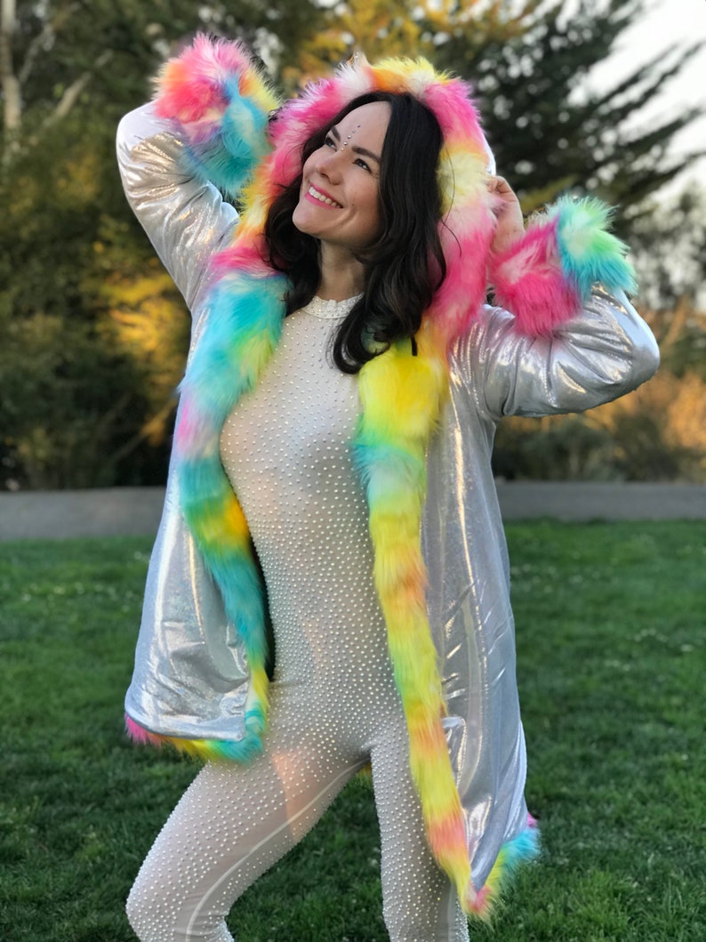 Rainbow Pride Unicorn Festival Birthday Gift Costume Playa Coat Colorful Outfits Fake Fur Shiny Jacket Clothing Women Rave image 4