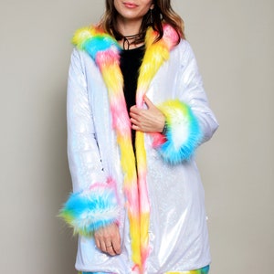 Rainbow Pride Unicorn Festival Birthday Gift Costume Playa Coat Colorful Outfits Fake Fur Shiny Jacket Clothing Women Rave image 3