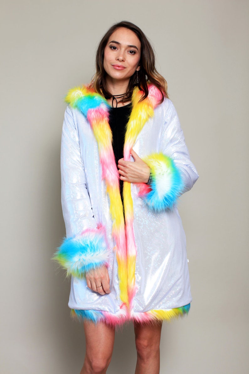 Rainbow Pride Unicorn Festival Birthday Gift Costume Playa Coat Colorful Outfits Fake Fur Shiny Jacket Clothing Women Rave image 3