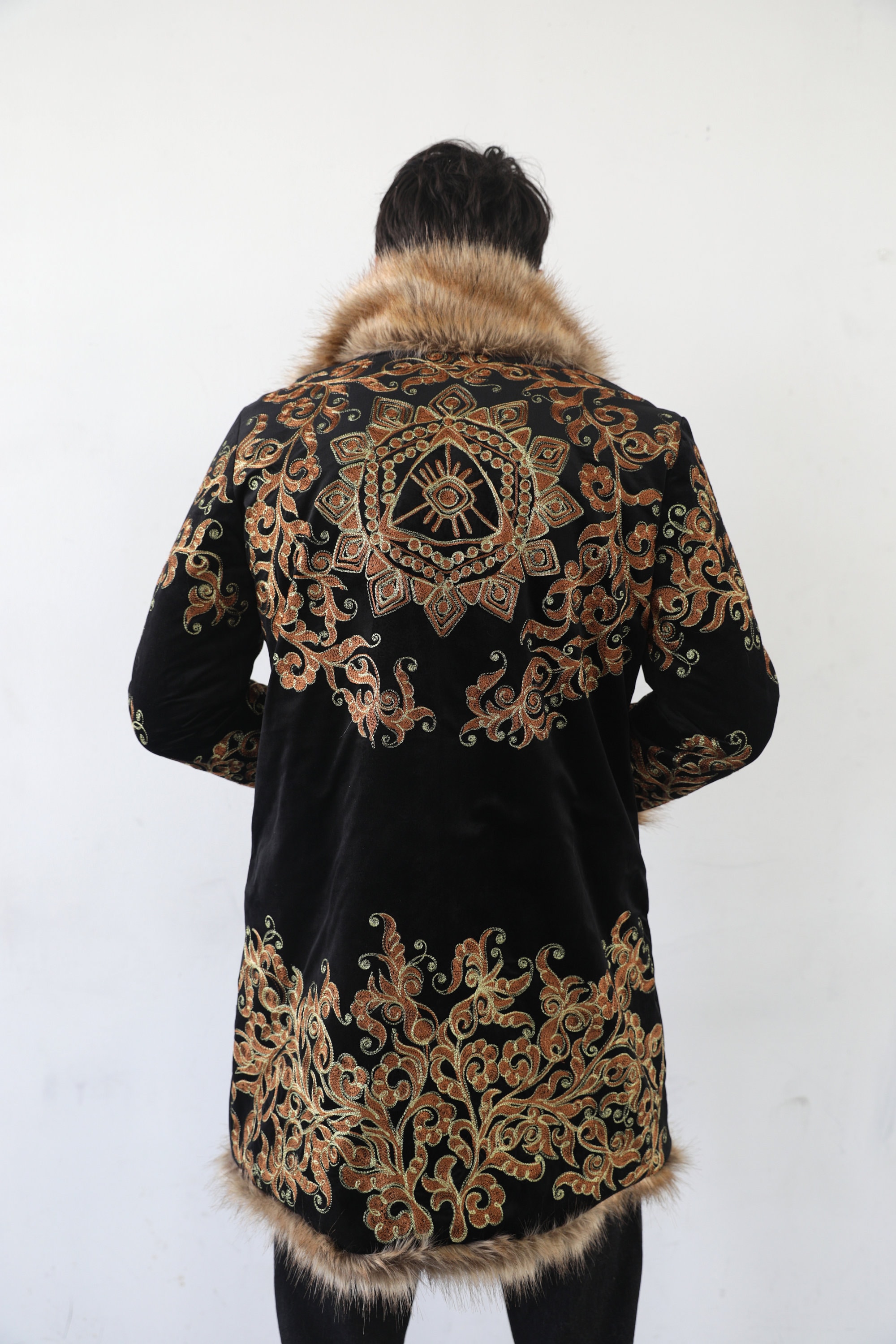 Buy Handmade Embroidered Faux Fur Coat: Reversible Ethnic Festival