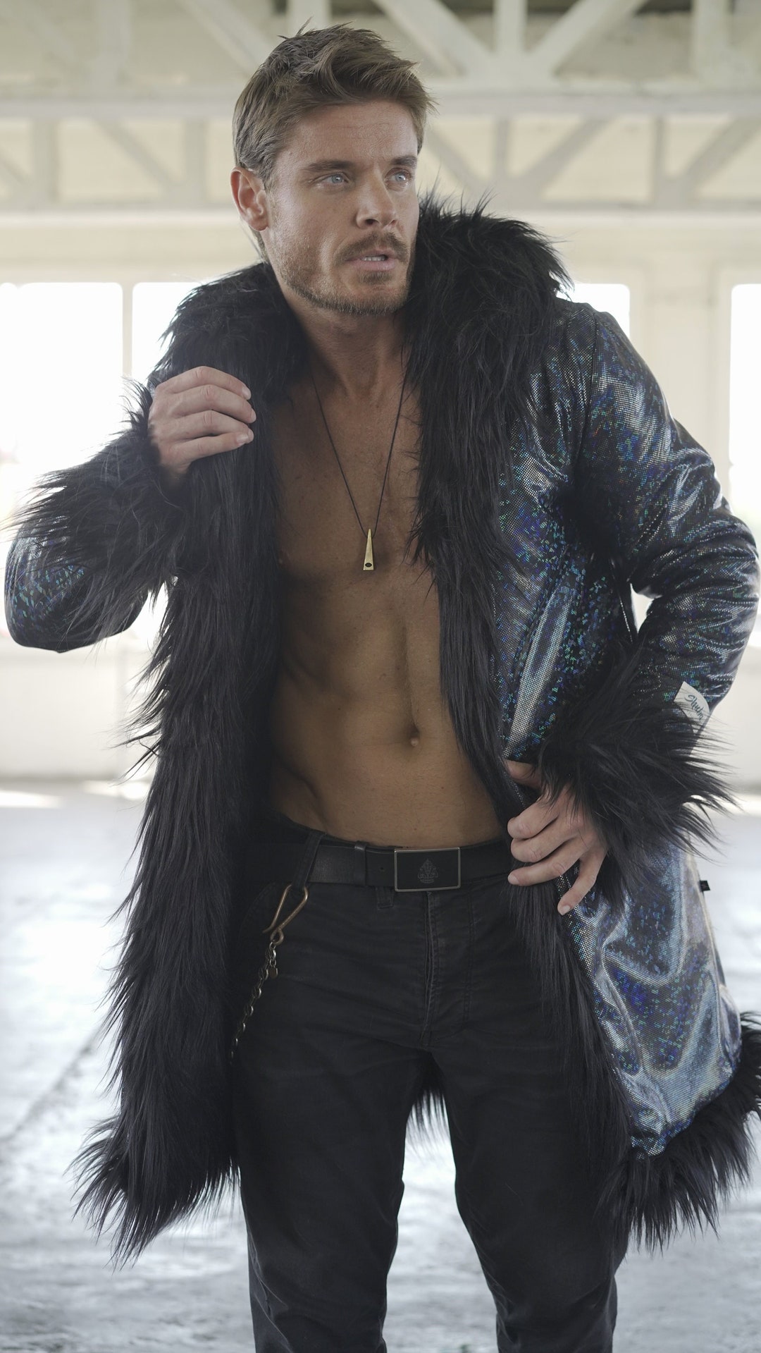 Reversible Black Faux Fur Coat: Holographic Rave Jacket With Hood - Etsy