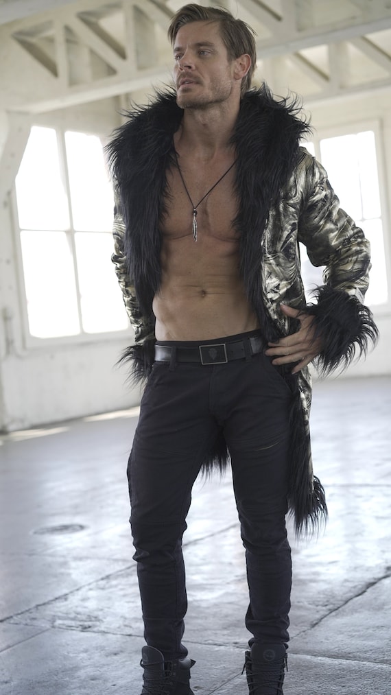 Gold Paint Faux Fur Coat: Reversible Rave Burning Man Hooded  display picture 2