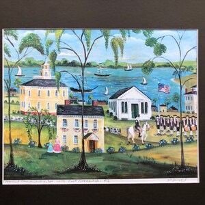 May include: A watercolor painting of a small town with a yellow building, a white building, and a group of people in uniform marching in front of an American flag. The painting is titled "Framed Commemorative Print with East Greenwich, RI".