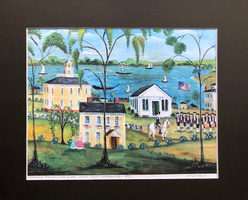 May include: A watercolor painting of a small town with a yellow building, a white building, and a group of people in uniform marching in front of an American flag. The painting is titled "Framed Commemorative Print with East Greenwich, RI".