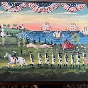 May include: A framed folk art painting depicting a historical scene. A procession of soldiers in colonial attire marches across a green field, led by a rider on a white horse. Sailing ships are in the background, with a banner reading "1776 2026".