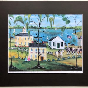 May include: A watercolor painting of a small town with a yellow building, a white building, and a group of people in colonial attire marching with a drum and a flag. The painting is set against a backdrop of a blue river and green trees.