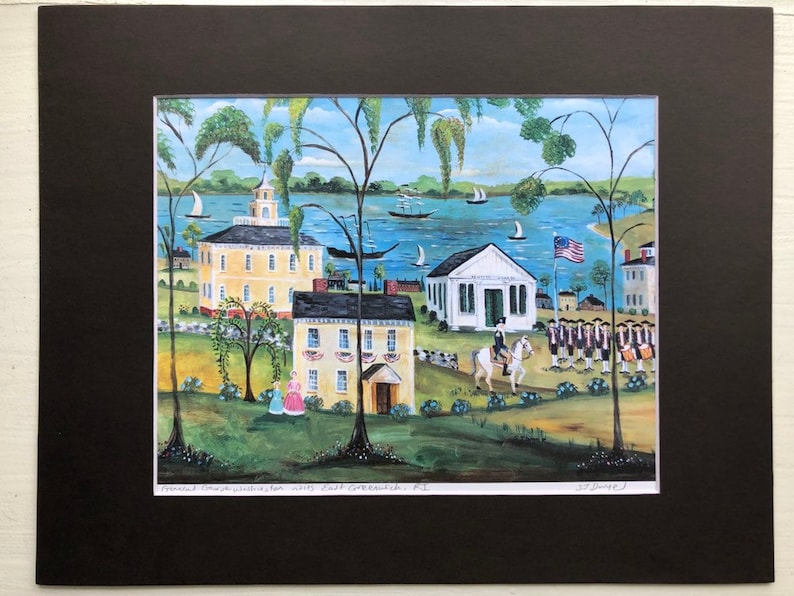May include: A watercolor painting of a small town with a yellow building, a white building, and a group of people in colonial attire marching with a drum and a flag. The painting is set against a backdrop of a blue river and green trees.
