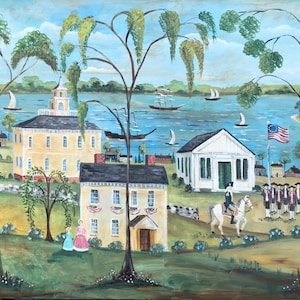 May include: A watercolor painting depicting a small town by the water. The scene includes a yellow building with a steeple, a white building with a sign that reads "Post Office", and a group of people in colonial attire marching with a flag. The painting is framed in a wooden frame.