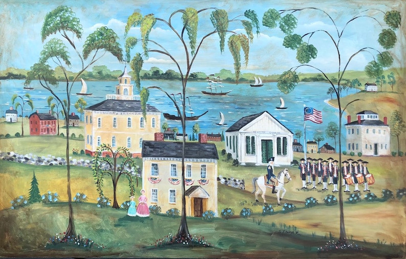 May include: A watercolor painting depicting a small town by the water. The scene includes a yellow building with a steeple, a white building with a sign that reads "Post Office", and a group of people in colonial attire marching with a flag. The painting is framed in a wooden frame.