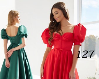 A-line Satin Evening, Prom or Party Dress with Short Sleeves  in Various Lengths / Custom Graduation Dress in Red, Green or Pink Colors