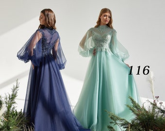 Lace Evening, Prom or Party Dress with Multi-Layer Tulle Skirt and Corset / Destination Dress with Puffy Sleeves in Eight Different Colors