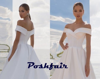 Aline Satin Wedding Dress with Off-the-Shoulder Neckline DONA / Chapel Train / Corset/ Off-White/ Ivory