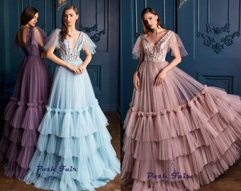 Pleated Lace & Tulle Prom, Party or Evening Dress with Train / Long Aline Formal Dress / Ball Gown with Multi-Layered Skirt