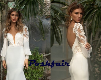 Sexy Mermaid Long Sleeve Chiffon & Lace Wedding Dress VOLANTIS with Plunge V Neck Off-white color