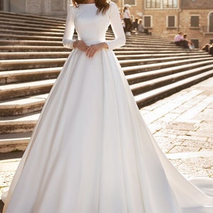 Aline Satin Classic Long Sleeve Wedding Dress SORDAMOR With Train, Boat ...