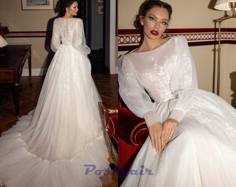 Aline Tulle Wedding Dress NEDDA  Bridal Dress Boho Long Sleeves Boat Neckline